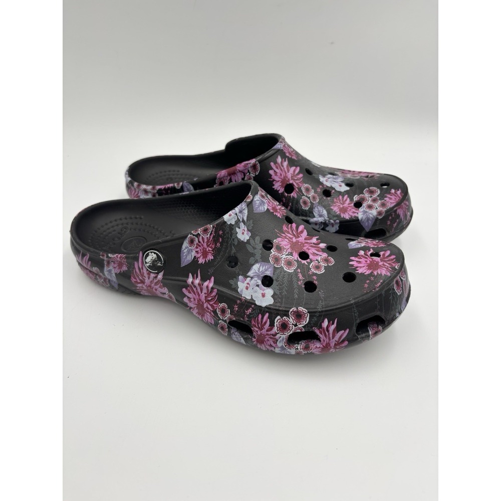Crocs Freesail Clog Floral Women Sz 6 Slip On Comfort Shoes Black Pink